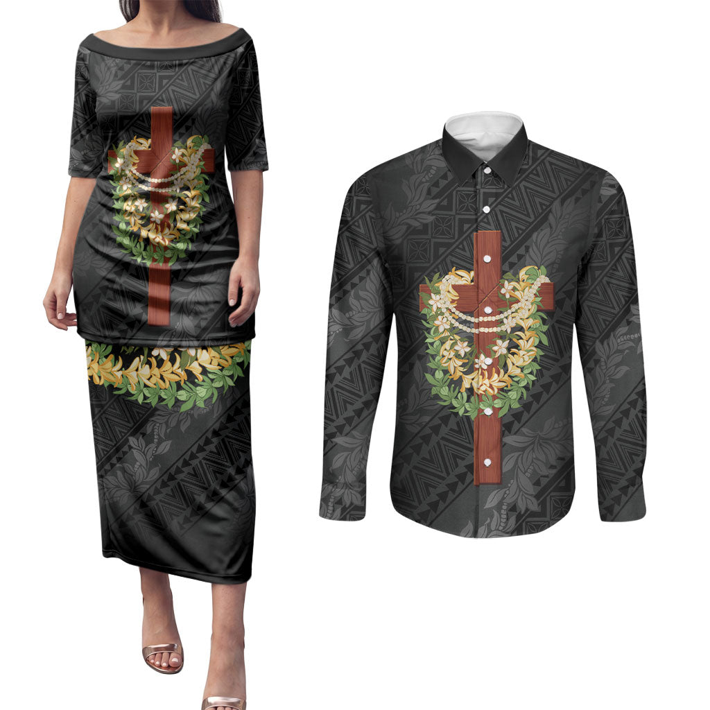Hawaii Ka Pule a ka Haku Memorial Couples Matching Puletasi and Long Sleeve Button Shirt Flower Lei Cross - Black LT7 Black - Polynesian Pride