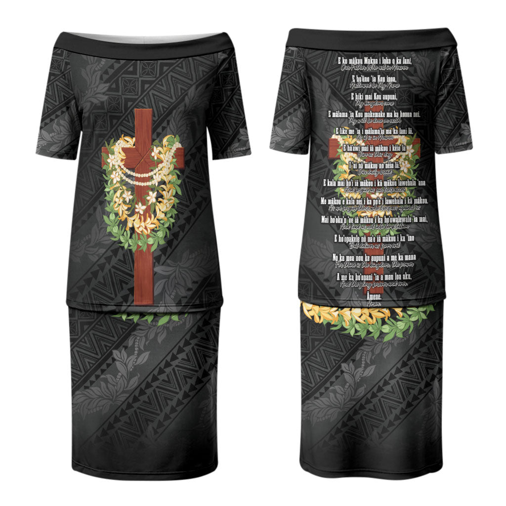Hawaii Ka Pule a ka Haku Memorial Couples Matching Puletasi and Long Sleeve Button Shirt Flower Lei Cross - Black LT7 - Polynesian Pride