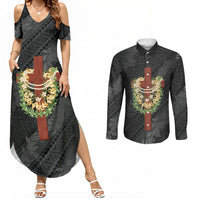 Hawaii Ka Pule a ka Haku Memorial Couples Matching Summer Maxi Dress and Long Sleeve Button Shirt Flower Lei Cross - Black LT7 Black - Polynesian Pride