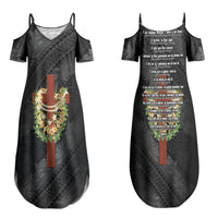 Hawaii Ka Pule a ka Haku Memorial Couples Matching Summer Maxi Dress and Long Sleeve Button Shirt Flower Lei Cross - Black LT7 - Polynesian Pride