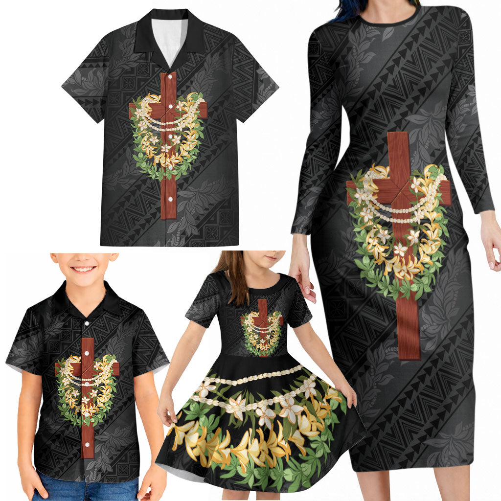 Hawaii Ka Pule a ka Haku Memorial Family Matching Long Sleeve Bodycon Dress and Hawaiian Shirt Flower Lei Cross - Black LT7 - Polynesian Pride