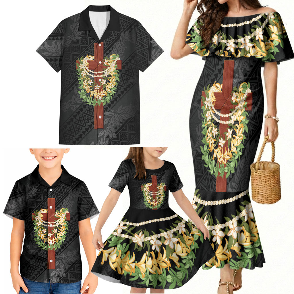 Hawaii Ka Pule a ka Haku Memorial Family Matching Mermaid Dress and Hawaiian Shirt Flower Lei Cross - Black LT7 - Polynesian Pride