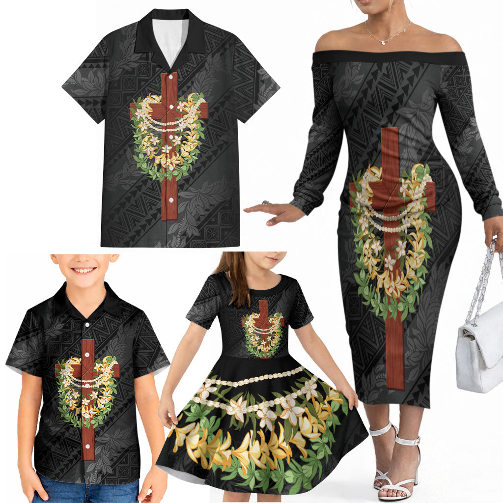 Hawaii Ka Pule a ka Haku Memorial Family Matching Off The Shoulder Long Sleeve Dress and Hawaiian Shirt Flower Lei Cross - Black LT7 - Polynesian Pride