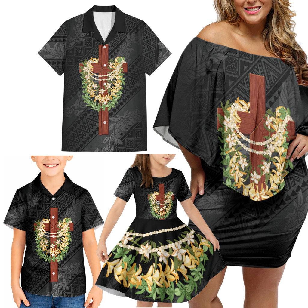 Hawaii Ka Pule a ka Haku Memorial Family Matching Off Shoulder Short Dress and Hawaiian Shirt Flower Lei Cross - Black LT7 - Polynesian Pride
