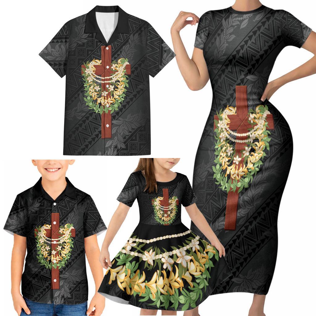 Hawaii Ka Pule a ka Haku Memorial Family Matching Short Sleeve Bodycon Dress and Hawaiian Shirt Flower Lei Cross - Black LT7 - Polynesian Pride
