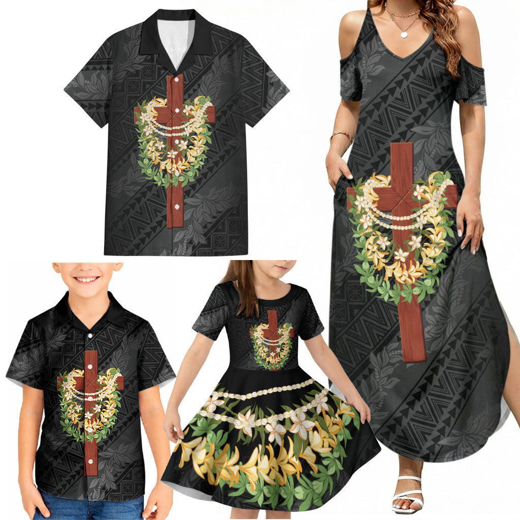 Hawaii Ka Pule a ka Haku Memorial Family Matching Summer Maxi Dress and Hawaiian Shirt Flower Lei Cross - Black LT7 - Polynesian Pride