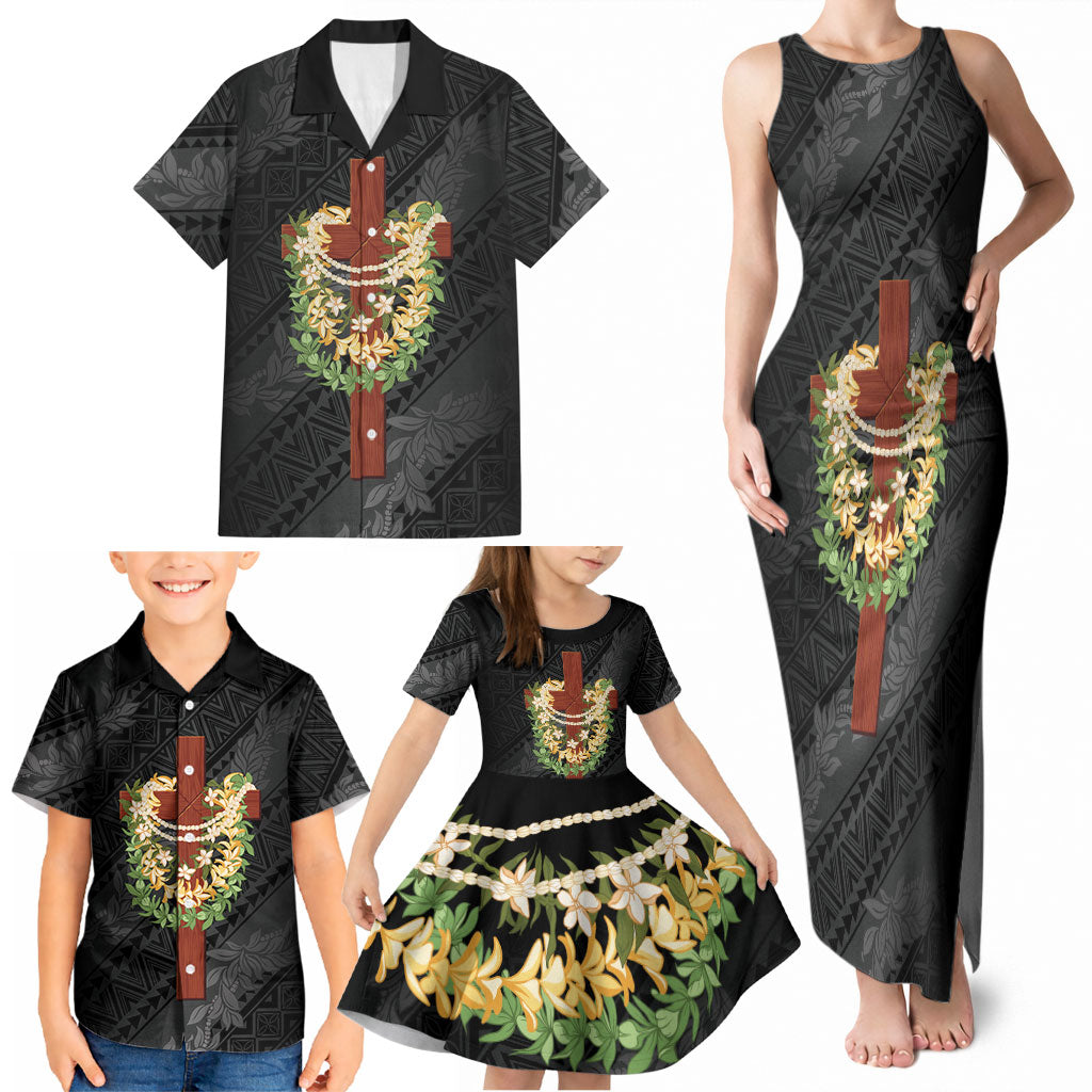 Hawaii Ka Pule a ka Haku Memorial Family Matching Tank Maxi Dress and Hawaiian Shirt Flower Lei Cross - Black LT7 - Polynesian Pride