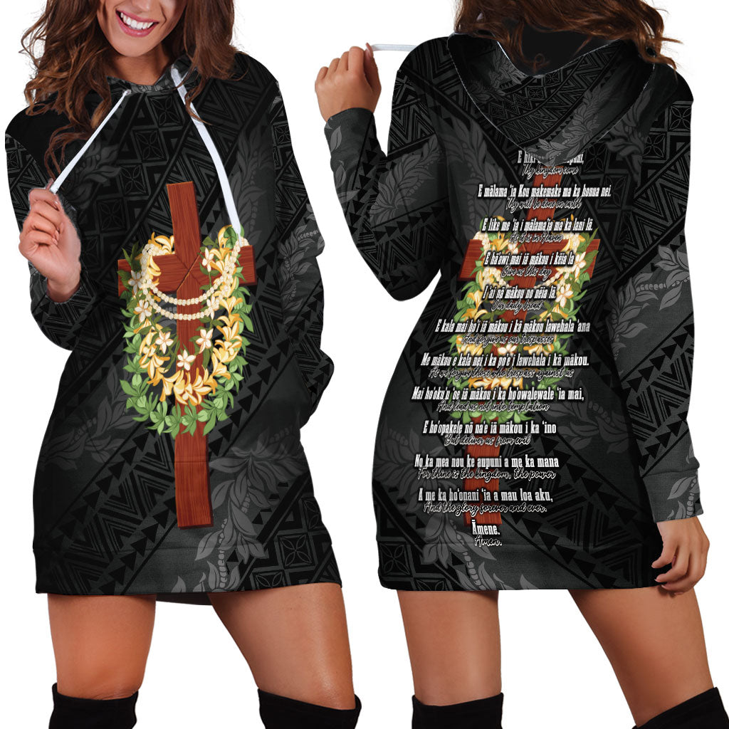 Hawaii Ka Pule a ka Haku Memorial Hoodie Dress Flower Lei Cross - Black LT7 - Polynesian Pride