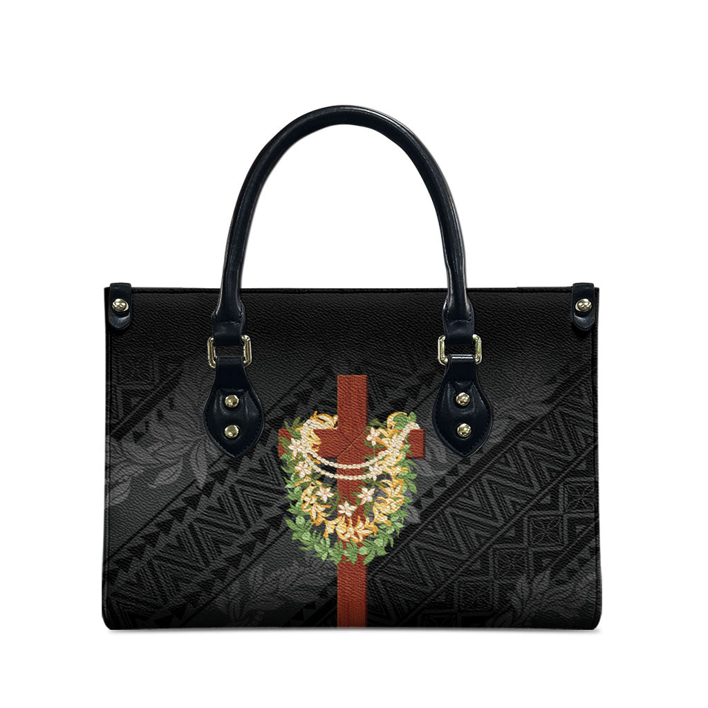 Hawaii Ka Pule a ka Haku Memorial Leather Bag Flower Lei Cross - Black LT7 - Polynesian Pride