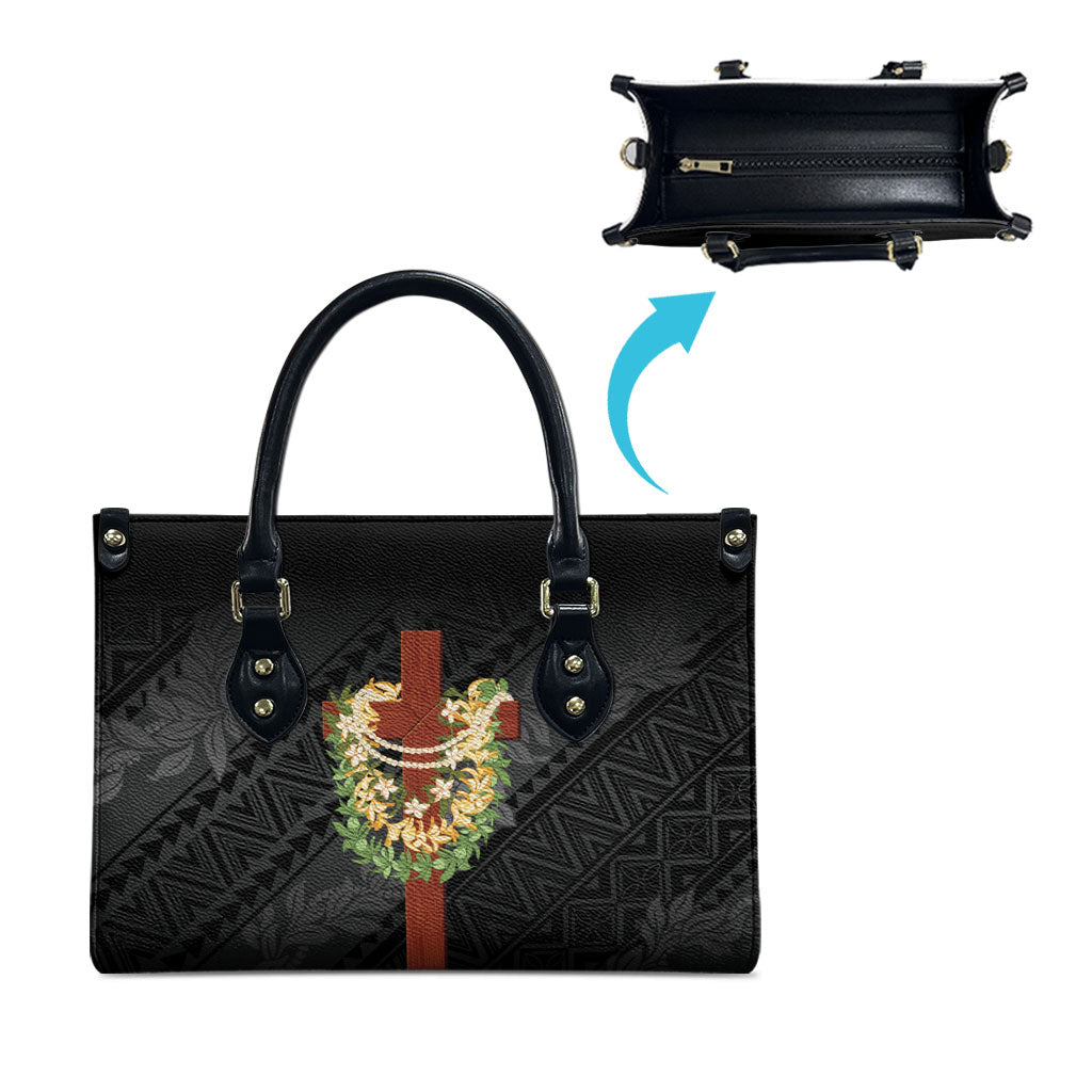 Hawaii Ka Pule a ka Haku Memorial Leather Bag Flower Lei Cross - Black LT7 - Polynesian Pride