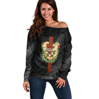 Hawaii Ka Pule a ka Haku Memorial Off Shoulder Sweater Flower Lei Cross - Black LT7 Women Black - Polynesian Pride