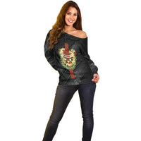 Hawaii Ka Pule a ka Haku Memorial Off Shoulder Sweater Flower Lei Cross - Black LT7 - Polynesian Pride