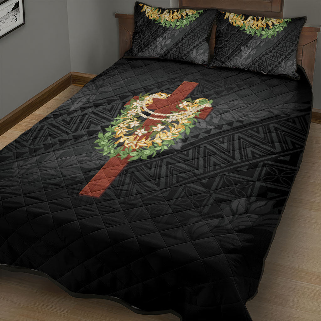 Hawaii Ka Pule a ka Haku Memorial Quilt Bed Set Flower Lei Cross - Black LT7 - Polynesian Pride