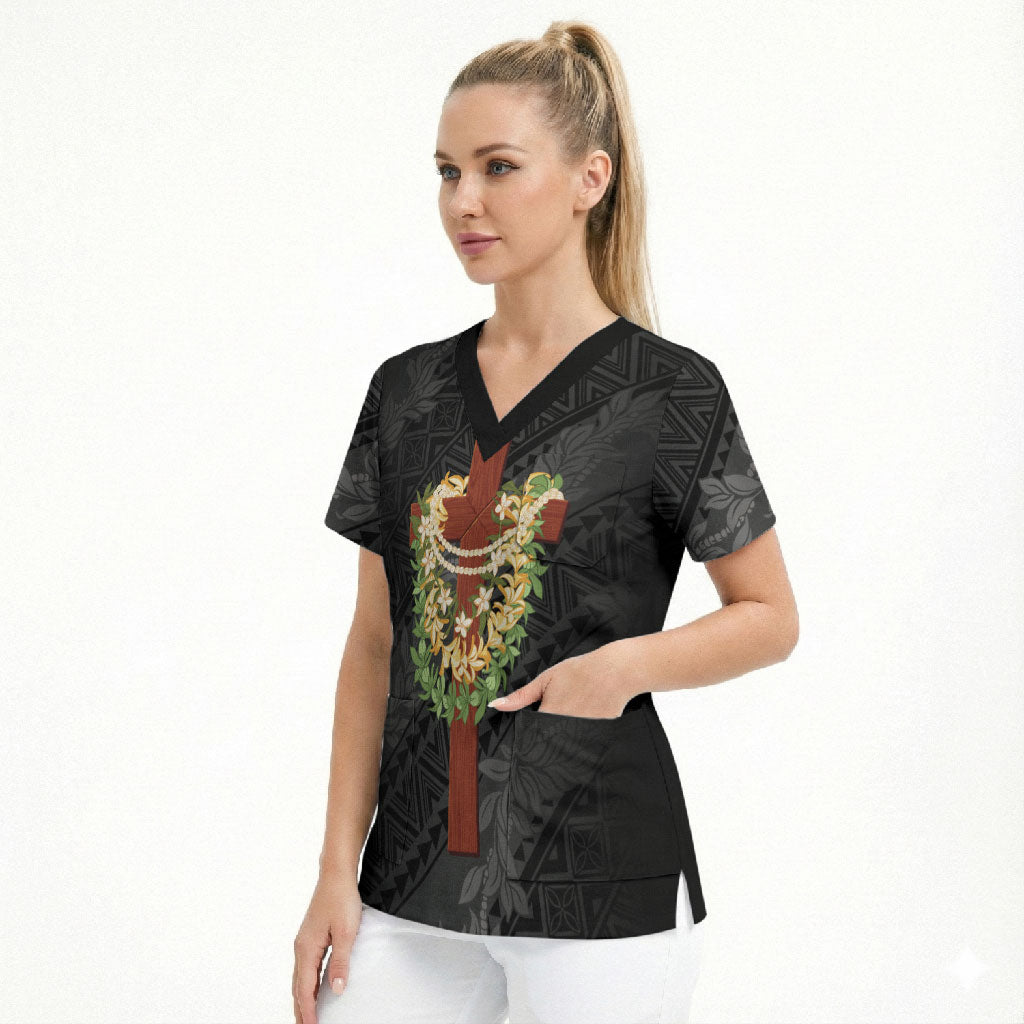 Hawaii Ka Pule a ka Haku Memorial Scrub Top Flower Lei Cross - Black LT7 - Polynesian Pride