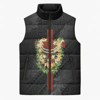 Hawaii Ka Pule a ka Haku Memorial Sleeveless Puffer Jacket Flower Lei Cross - Black LT7 Unisex Black - Polynesian Pride