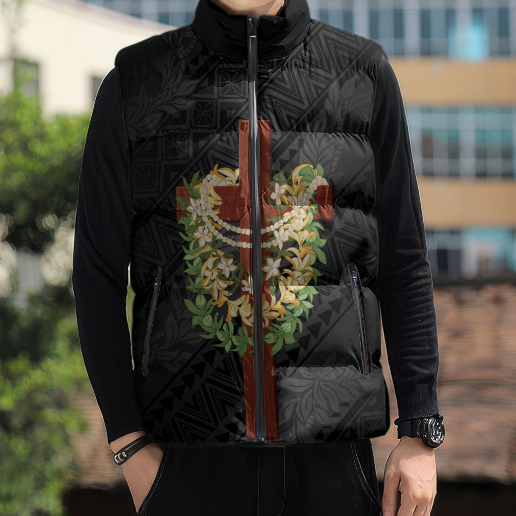 Hawaii Ka Pule a ka Haku Memorial Sleeveless Puffer Jacket Flower Lei Cross - Black LT7 - Polynesian Pride