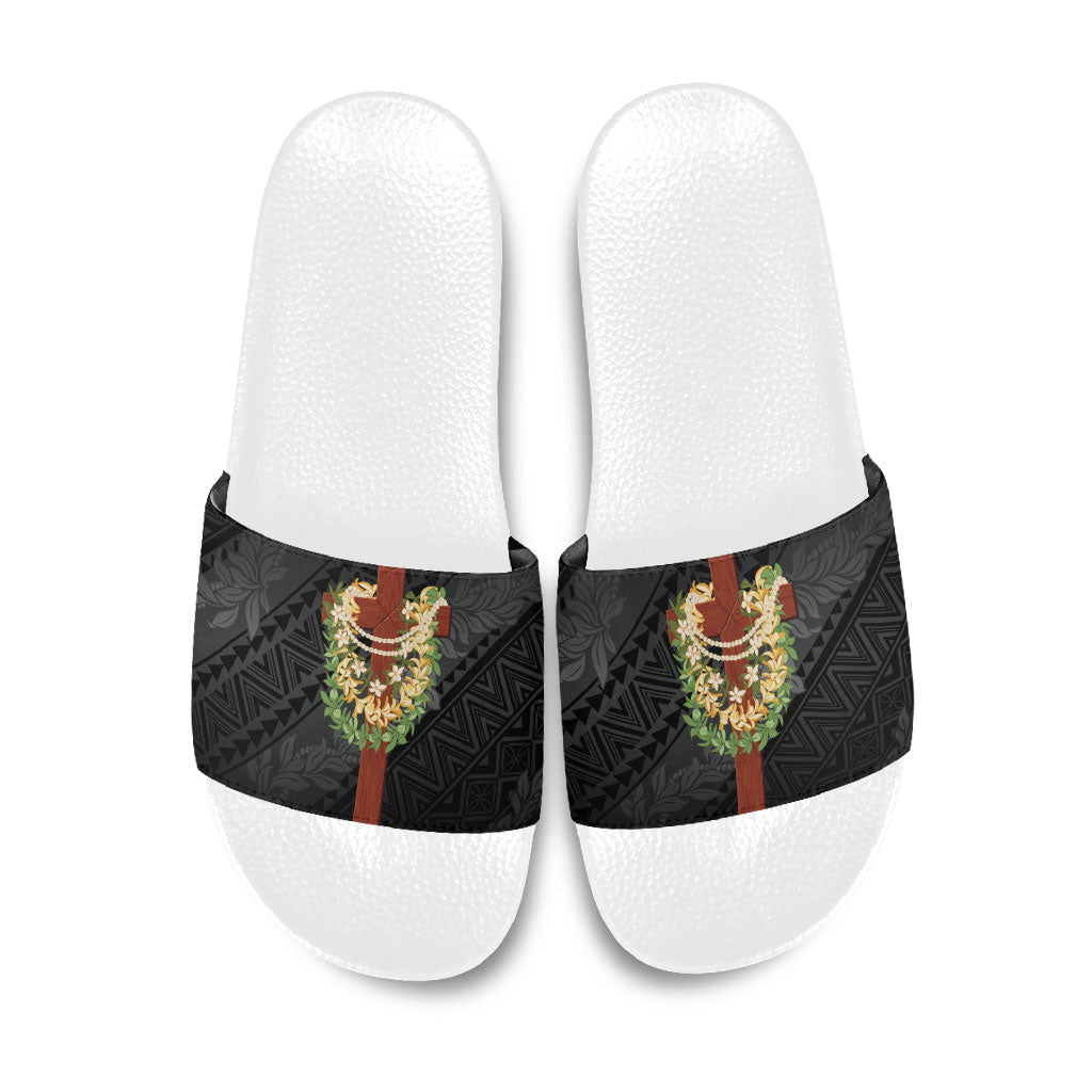Hawaii Ka Pule a ka Haku Memorial Slide Sandals Flower Lei Cross - Black LT7 Black - Polynesian Pride
