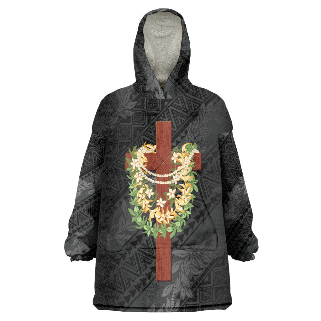 Hawaii ⁠Ka Pule a ka Haku Memorial Wearable Blanket Hoodie Flower Lei Cross - Black