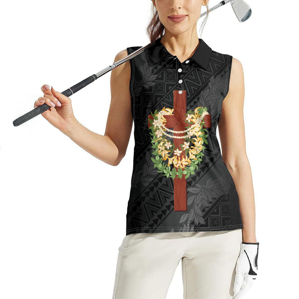 Hawaii Ka Pule a ka Haku Memorial Women Sleeveless Polo Shirt Flower Lei Cross - Black LT7 - Polynesian Pride
