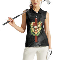 Hawaii Ka Pule a ka Haku Memorial Women Sleeveless Polo Shirt Flower Lei Cross - Black LT7 - Polynesian Pride