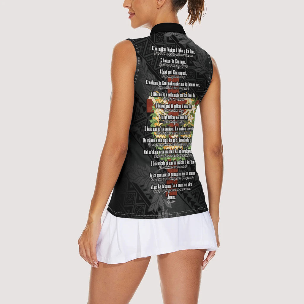 Hawaii Ka Pule a ka Haku Memorial Women Sleeveless Polo Shirt Flower Lei Cross - Black LT7 - Polynesian Pride