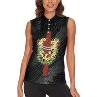 Hawaii Ka Pule a ka Haku Memorial Women Sleeveless Polo Shirt Flower Lei Cross - Black LT7 - Polynesian Pride