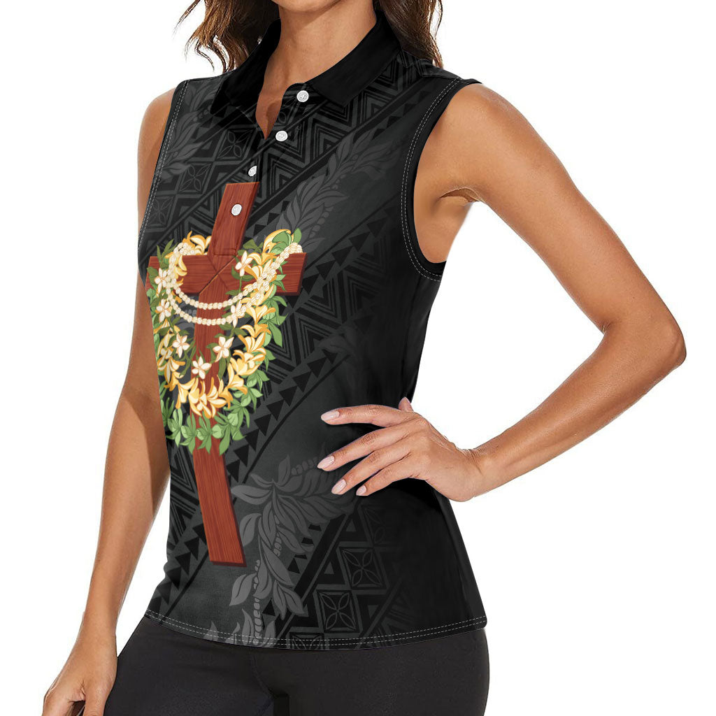 Hawaii Ka Pule a ka Haku Memorial Women Sleeveless Polo Shirt Flower Lei Cross - Black LT7 - Polynesian Pride