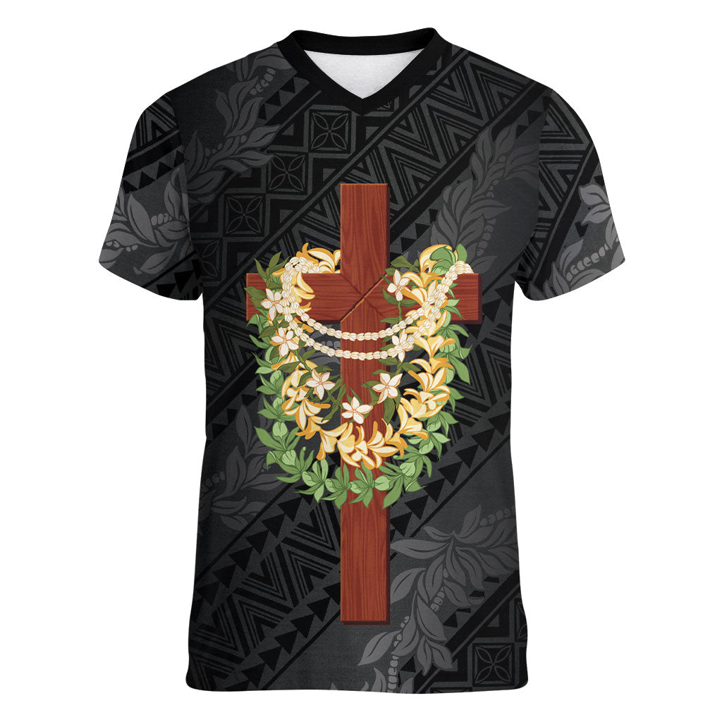 Hawaii Ka Pule a ka Haku Memorial Women V-Neck T-Shirt Flower Lei Cross - Black LT7 Female Black - Polynesian Pride