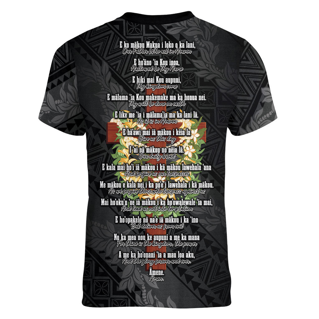 Hawaii Ka Pule a ka Haku Memorial Women V-Neck T-Shirt Flower Lei Cross - Black LT7 - Polynesian Pride