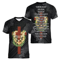 Hawaii Ka Pule a ka Haku Memorial Women V-Neck T-Shirt Flower Lei Cross - Black LT7 - Polynesian Pride