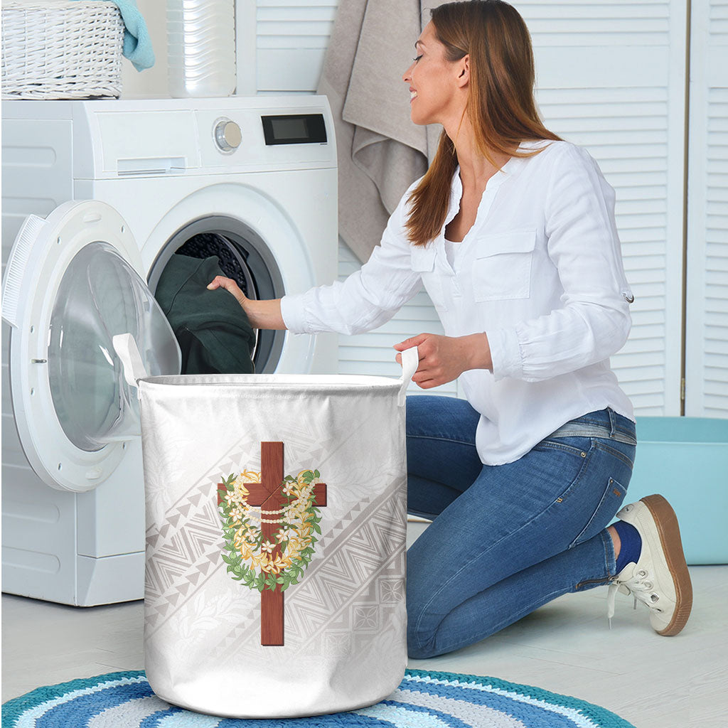 Hawaii Ka Pule a ka Haku Memorial Laundry Basket Flower Lei Cross - Ivory White LT7 - Polynesian Pride
