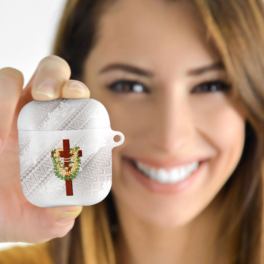 Hawaii Ka Pule a ka Haku Memorial AirPods Case Flower Lei Cross - Ivory White LT7 - Polynesian Pride