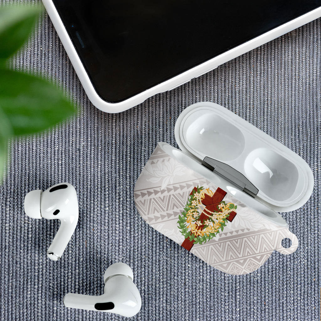 Hawaii Ka Pule a ka Haku Memorial AirPods Case Flower Lei Cross - Ivory White LT7 - Polynesian Pride