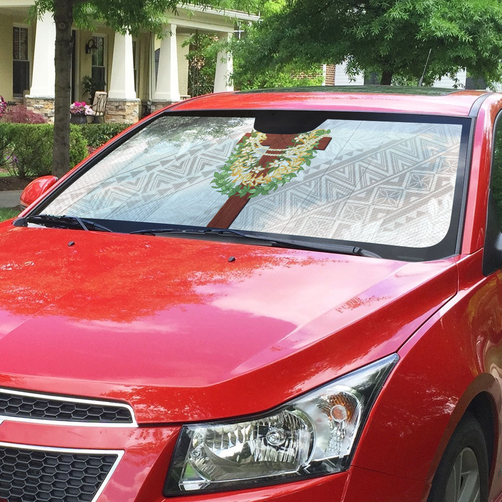 Hawaii Ka Pule a ka Haku Memorial Auto Sun Shade Flower Lei Cross - Ivory White LT7 - Polynesian Pride