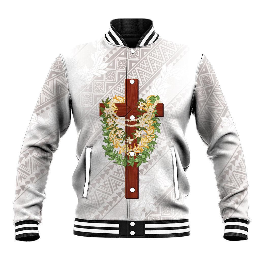 Hawaii Ka Pule a ka Haku Memorial Baseball Jacket Flower Lei Cross - Ivory White LT7 Unisex Ivory - Polynesian Pride