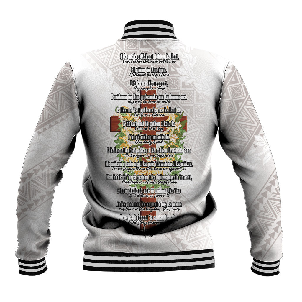 Hawaii Ka Pule a ka Haku Memorial Baseball Jacket Flower Lei Cross - Ivory White LT7 - Polynesian Pride