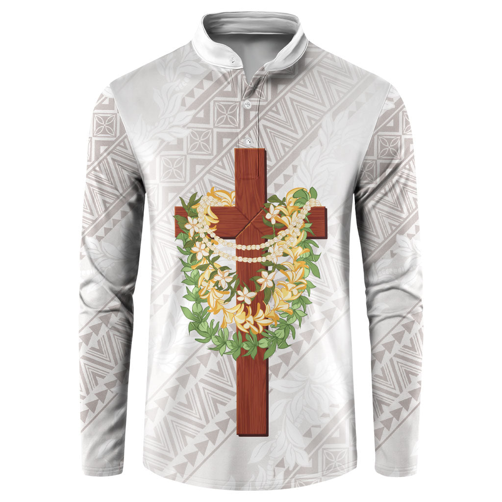 Hawaii Ka Pule a ka Haku Memorial Button Sweatshirt Flower Lei Cross - Ivory White LT7 Ivory - Polynesian Pride