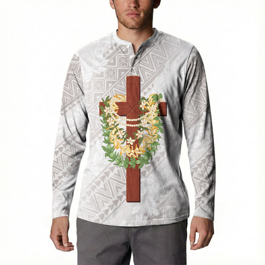 Hawaii Ka Pule a ka Haku Memorial Button Sweatshirt Flower Lei Cross - Ivory White LT7 - Polynesian Pride