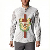 Hawaii Ka Pule a ka Haku Memorial Button Sweatshirt Flower Lei Cross - Ivory White LT7 - Polynesian Pride