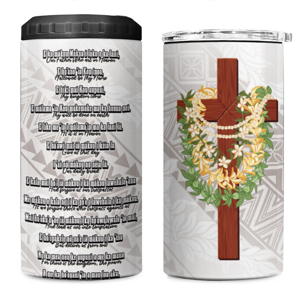Hawaii ⁠Ka Pule a ka Haku Memorial 4 in 1 Can Cooler Tumbler Flower Lei Cross - Ivory White