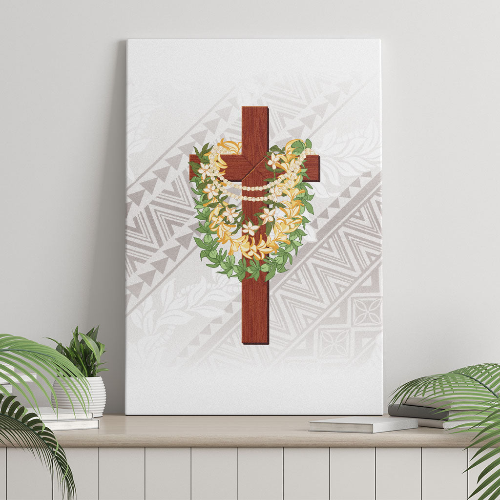 Hawaii Ka Pule a ka Haku Memorial Canvas Wall Art Flower Lei Cross - Ivory White LT7 - Polynesian Pride