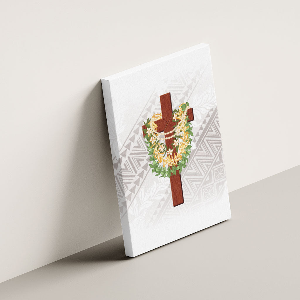 Hawaii Ka Pule a ka Haku Memorial Canvas Wall Art Flower Lei Cross - Ivory White LT7 - Polynesian Pride