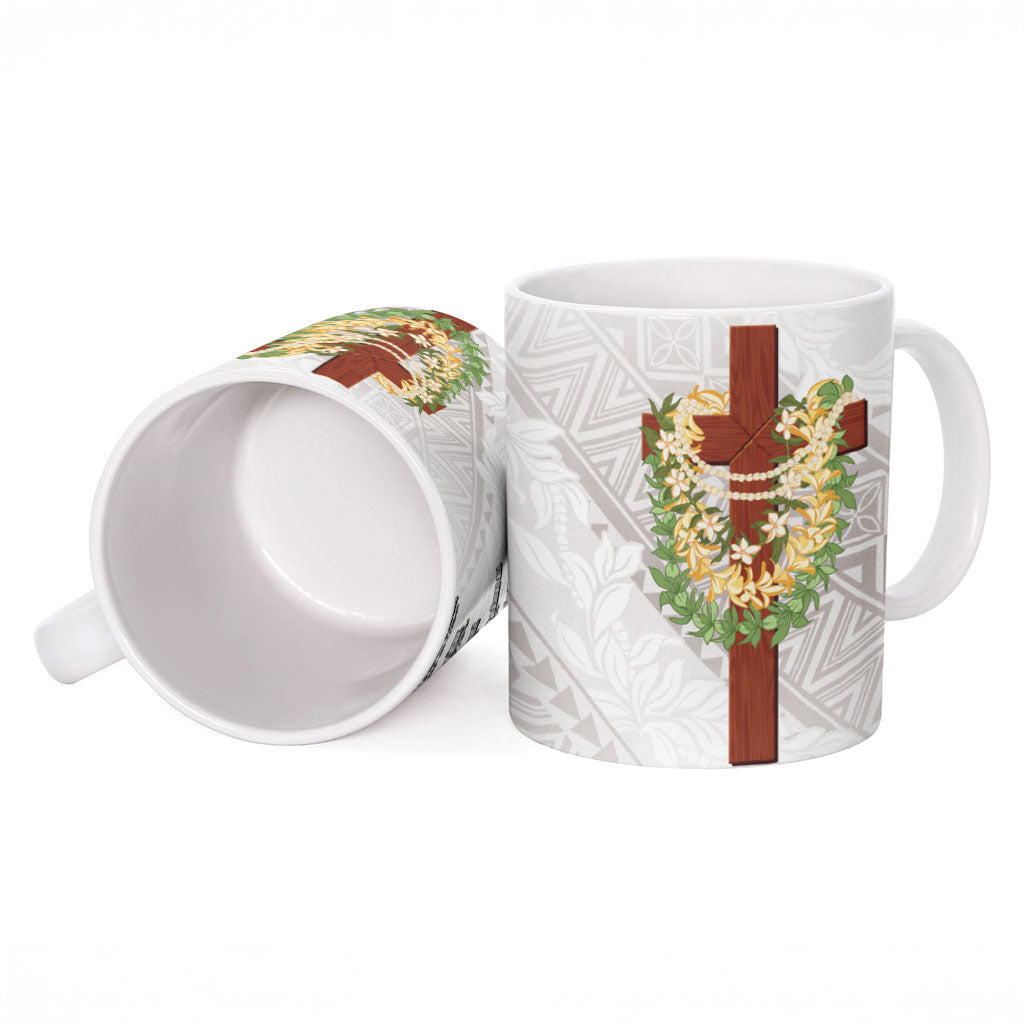 Hawaii Ka Pule a ka Haku Memorial Ceramic Mug Flower Lei Cross - Ivory White LT7 - Polynesian Pride