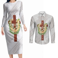 Hawaii Ka Pule a ka Haku Memorial Couples Matching Long Sleeve Bodycon Dress and Long Sleeve Button Shirt Flower Lei Cross - Ivory White LT7 Ivory - Polynesian Pride