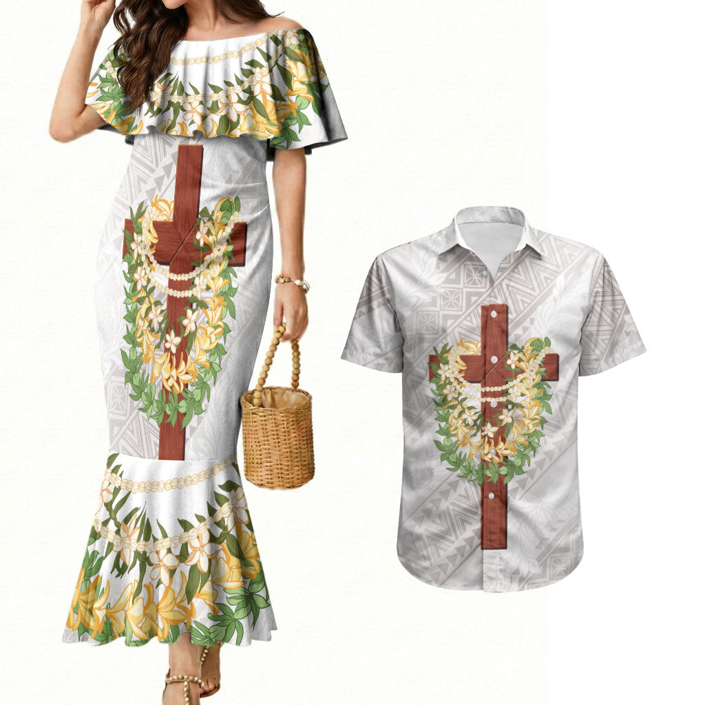 Hawaii Ka Pule a ka Haku Memorial Couples Matching Mermaid Dress and Hawaiian Shirt Flower Lei Cross - Ivory White LT7 Ivory - Polynesian Pride