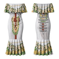 Hawaii Ka Pule a ka Haku Memorial Couples Matching Mermaid Dress and Long Sleeve Button Shirt Flower Lei Cross - Ivory White LT7 - Polynesian Pride
