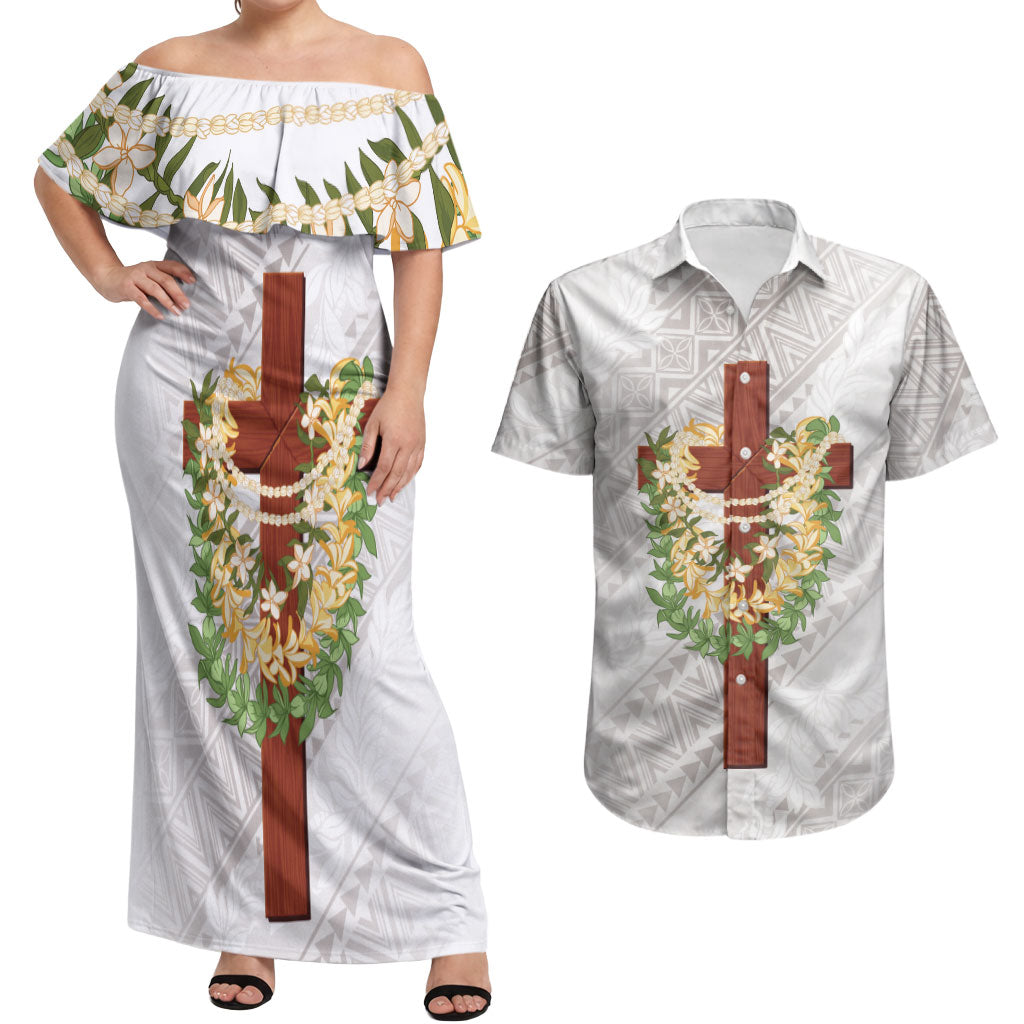 Hawaii Ka Pule a ka Haku Memorial Couples Matching Off Shoulder Maxi Dress and Hawaiian Shirt Flower Lei Cross - Ivory White LT7 Ivory - Polynesian Pride