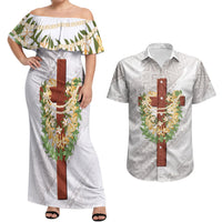 Hawaii Ka Pule a ka Haku Memorial Couples Matching Off Shoulder Maxi Dress and Hawaiian Shirt Flower Lei Cross - Ivory White LT7 Ivory - Polynesian Pride