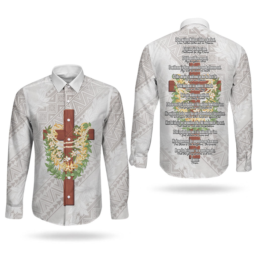Hawaii Ka Pule a ka Haku Memorial Couples Matching Off Shoulder Maxi Dress and Long Sleeve Button Shirt Flower Lei Cross - Ivory White LT7 - Polynesian Pride