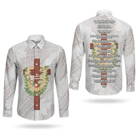 Hawaii Ka Pule a ka Haku Memorial Couples Matching Off Shoulder Maxi Dress and Long Sleeve Button Shirt Flower Lei Cross - Ivory White LT7 - Polynesian Pride